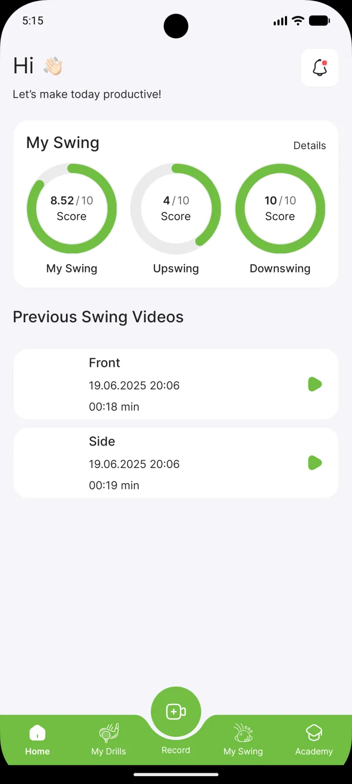 Home — swing scores at a glance